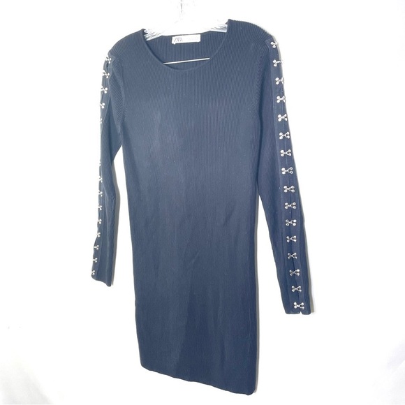 Zara Black Silver Hook and Eye Rib Knit Bodycon Dress Sz L - Picture 3 of 9